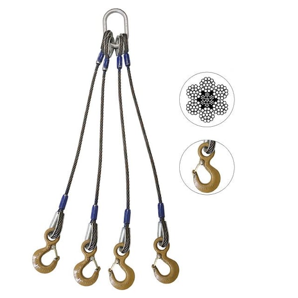 Wire Rope Sling - 4 Leg Bridle w/ Eye Hooks - 7/8" x 16' - Domestic